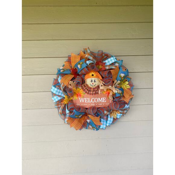 Adorable Fall Scarecrow Orange & Teal Blue Welcome Wreath Front Door Hanger - Picture 7 of 7